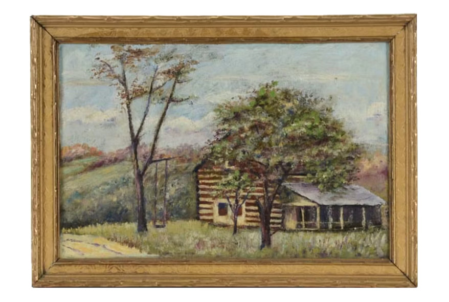 Antique Log Cabin Landscape Oil Painting Framed Unsigned circa 1930