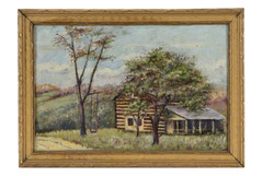 Antique Log Cabin Landscape Oil Painting Framed Unsigned circa 1930
