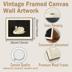 Vintage Framed Wall Art for Living Room, Vintage Swan Canvas Oil Painting for Ba