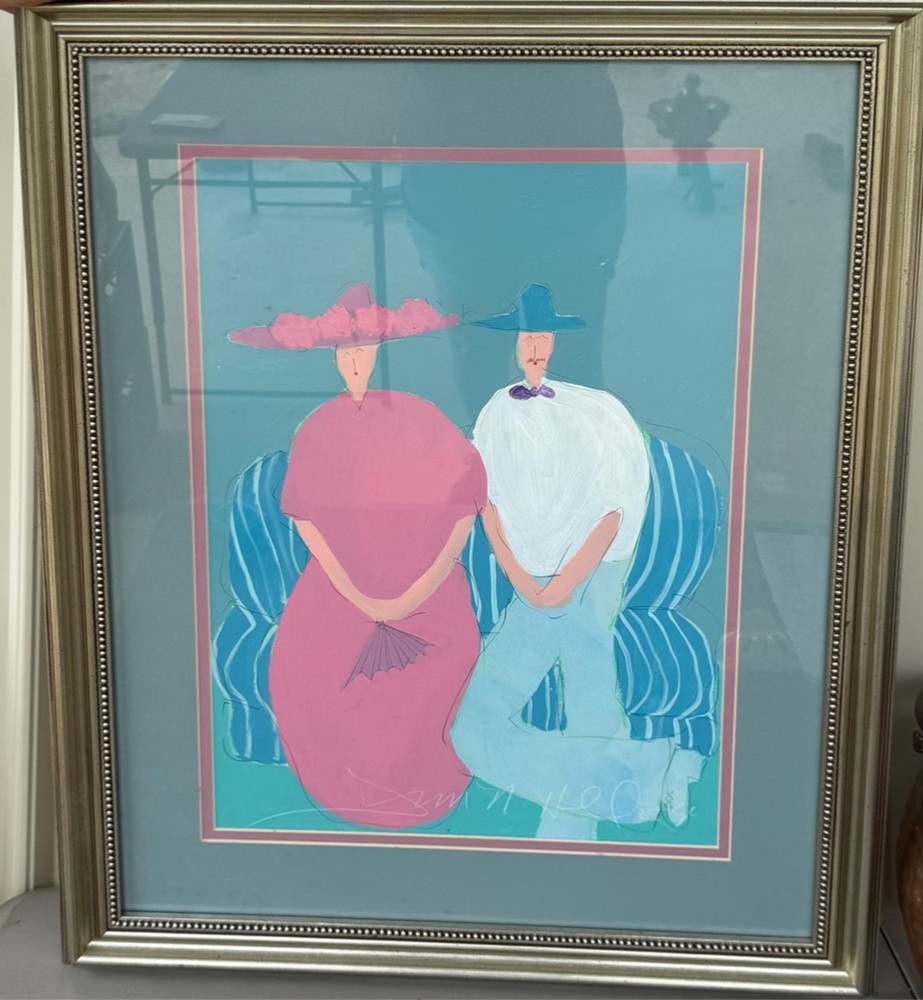 Original signed JIM N. HILL Acrylic Painting of Seated Couple, Texas artist 1984