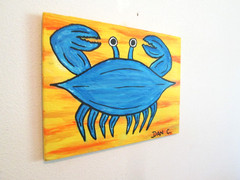 Outsider folk Art Original Painting on wood Seafood Maryland Blue Crab Dan C
