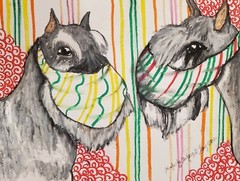 Standard Schnauzer in Face Masks Original 9 x 12 Painting Vintage Style Artist
