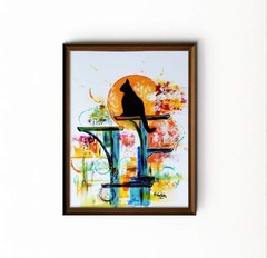 Original 9″x 12″ Abstract Cat and Orange Moon Expressive PAPER Art