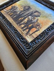 Kenyan Artist RICHARD KIMEMIA African Painting Elephant Family CARVED WOOD FRAME