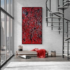 XXL Jackson Pollock Style Red & Black Abstract Textured Painting 59×30 in