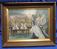 Vintage Oil Painting of Piano Playing Twins by Blendine Smalley Carpenter