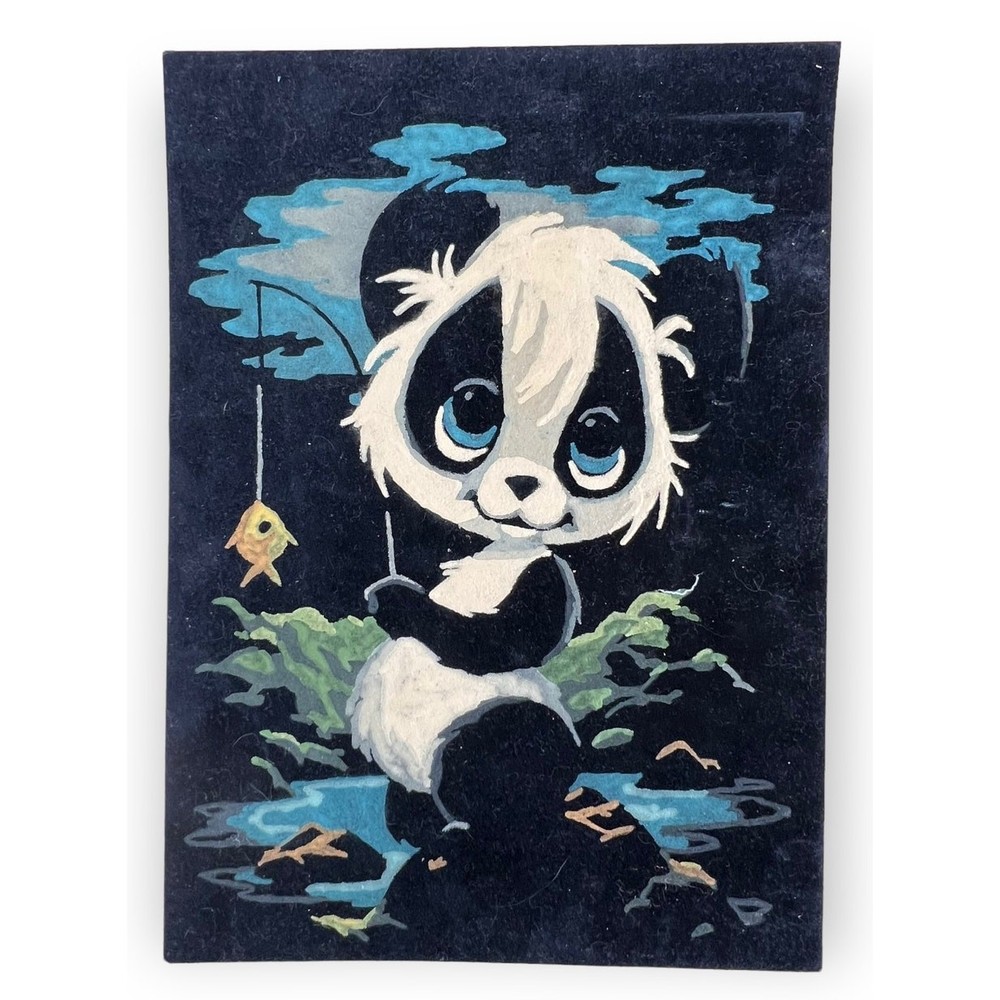 Vintage Big Eye Panda Black Velvet Paint By Number Craft House Wall Art 10×14