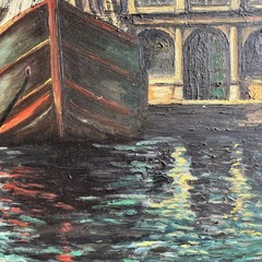 Handcrafted Harbor Scene Oil Painting „Docked Gondola“ Original Art
