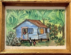 RARE Vintage ORIGINAL 1980s M Bouvet Mini SIGNED Caribbean Creole Cottage FRAMED