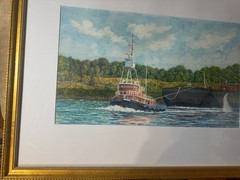 Large John Hutchinson (b1934) „Tug Boat Scene“ Watercolor Painting-Signed/Framed