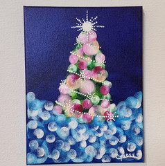 Bokeh Christmas Tree Acrylic Painting Pink Signed 9X12 Canvas Christmas Decor