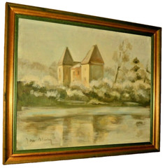 BARBARA CLEARY Original Vintage Signed Chateau House Lake Landscape Oil Painting