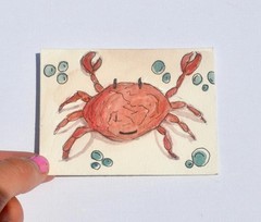 ACEO Original Art Card Mixed Media Crab And Bubbles Painting On Watercolor Paper