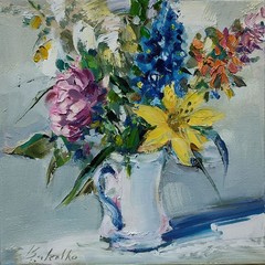 Original oil painting, Flowers, Bouquet, Contemporary art, Still life, Blue