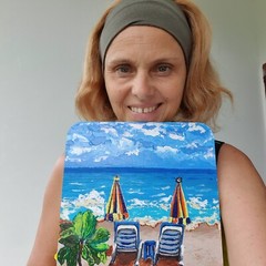 Beach Chairs Umbrellas Painting Coastal Ocean Original Wall Art Seaside Summer