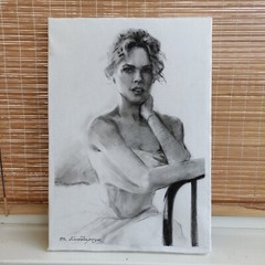 Original charcoal drawing girl portrait. black and white charcoal sketch art