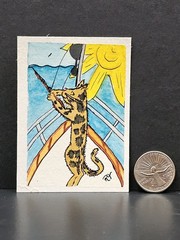 ACEO Original Art 2.5X3.5 Trading Card Actually, Cats Tortie Cat Fishing On Boat