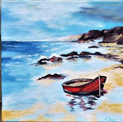 A.Z. Davis 14″x14″ Original Acrylic Painting Folk Modern Abstract Seascape Boat