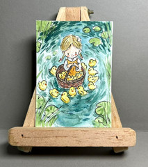 Original Watercolor ACEO OOAK Art Painting Girl Ducklings Pond Lily Pads Anime