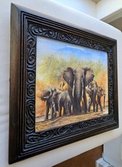 Kenyan Artist RICHARD KIMEMIA African Painting Elephant Family CARVED WOOD FRAME