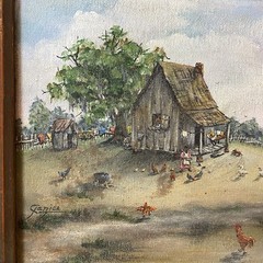 Janice Bourgeois Trahan Folk Art Oil Painting „House on the Hill“ Americana