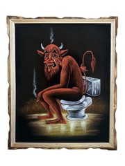 DEVIL ON THE TOILET , 18″X 22″ HAND PAINTED,VELVET PAINTING, VINTAGE, WOOD FRAME