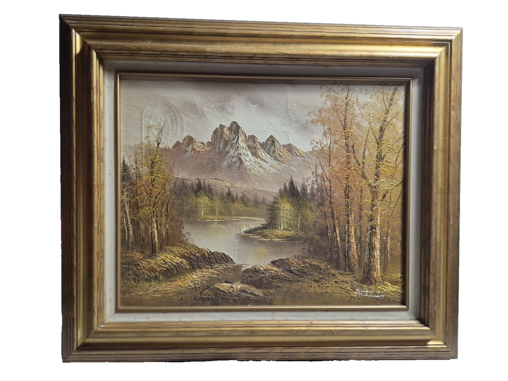 Elegant Vintage Large Oil Painting of Golds and Greens Landscape 27 X 24″
