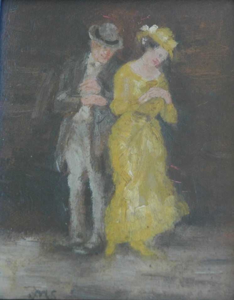 Antique 1925 Oil on Board of a Man and A Shy Woman by Johannes Martin Scheible