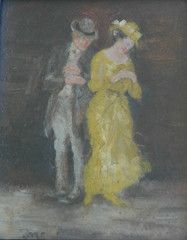 Antique 1925 Oil on Board of a Man and A Shy Woman by Johannes Martin Scheible