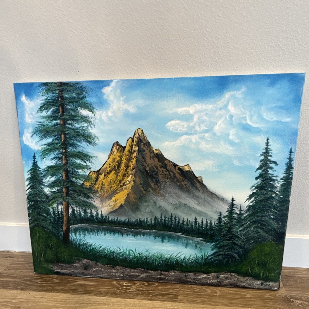 Realism Mountain Lake Trees Landscape Painting on Canvas, Unframed Single Piece.