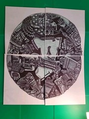 MAYAN ARTWORK-COYOLXAUHQUI -PRISON MADE, 4 SECTIONS, OWNER FRAME PREFERENCE.