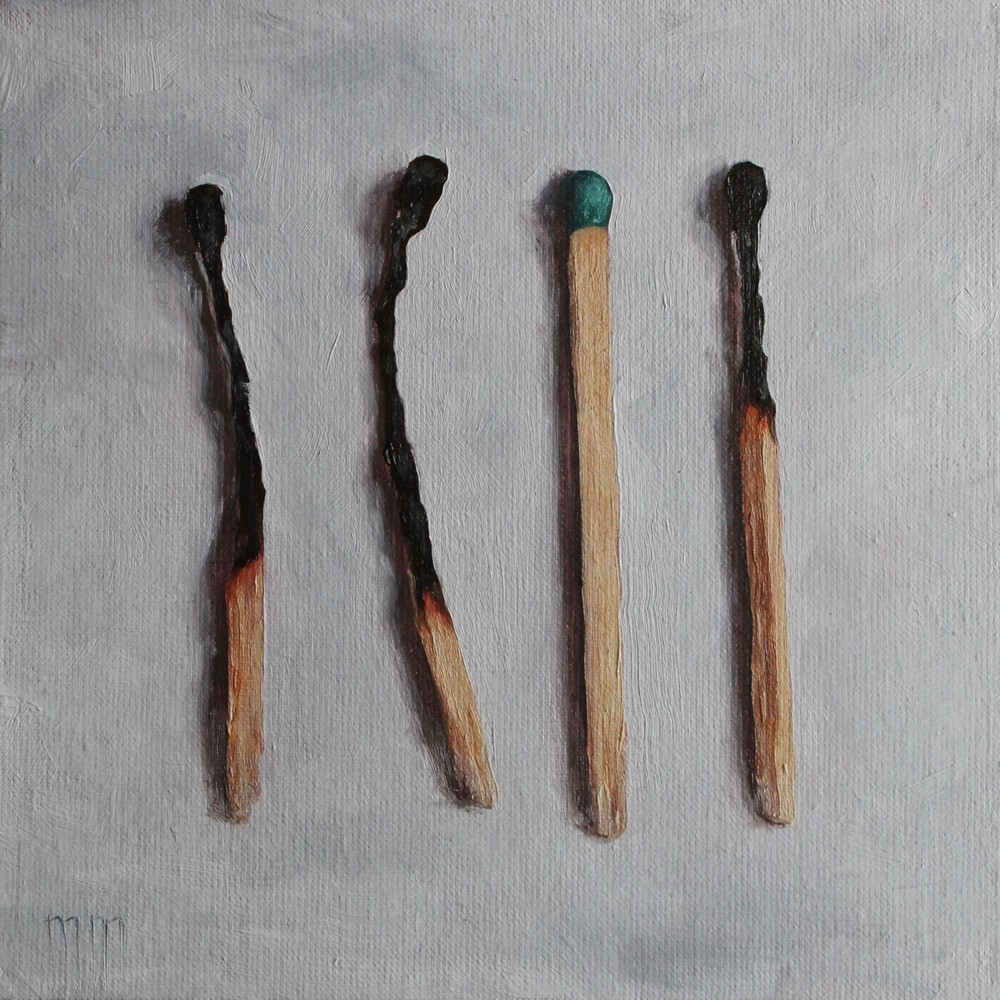 Original Oil Painting of Four Matches, Small Still Life Kitchen Art 6×6 inch