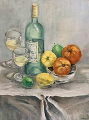 Original Oil Painting Still Life Wine Bottle Fruit Lemons 12×9