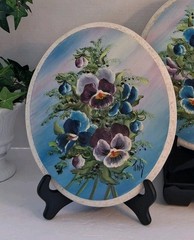 Lovely Vtg Pansy/Floral Oil Paintings Pair on Oval Shaped Wood; 2 Pc;Artist Sign