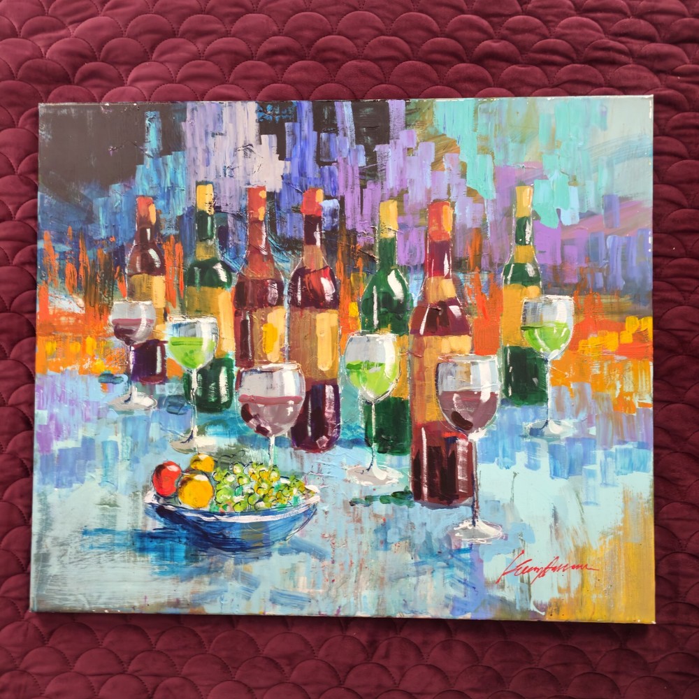 Kerry Hallam Original Signed Acrylic Painting on Canvas Titled „Savoir Des Vins“