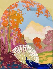 Spectacular Circa 1930s Art Deco Gouache Painting Peacocks In Landscape Unsigned