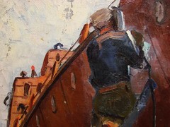 Ukrainian Soviet Oil Painting impressionism socrealism industrial boat workers