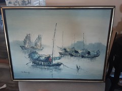 P. WONG ACRYLIC/OIL CHINESE JUNKS IN HARBOR 25″ X 19″
