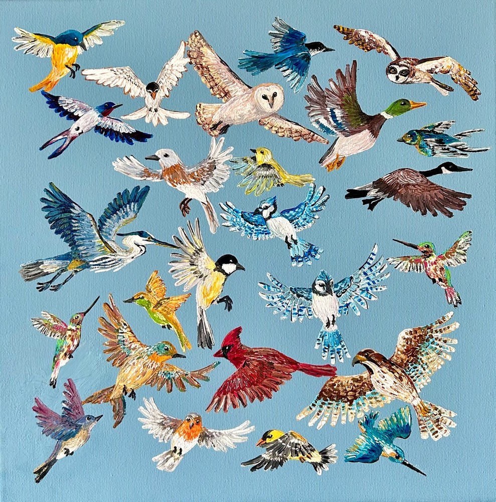 Original Acrylic Painting by AnneliseK, 12x12in, Birds Flying Owl Hawk Heron Jay
