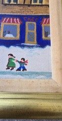 Vtg MCM Surrealist Bright Folk Art City Scape Framed Oil Painting FREE US SHIP