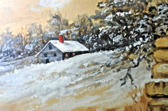 Rachel Beebe Watercolor Landscape With Cabin 5 Inches x 7 Inches Gilt Wood Frame