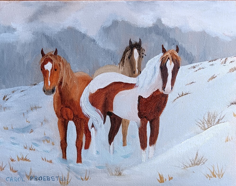 original oil painting horse horses mustangs pinto sorrel winter C Proebstel