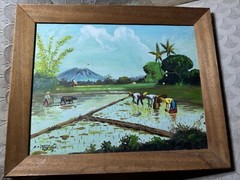 Vintage R.L Bath 1965 „Rice Farmers In Field Scene“ Oil Painting – Signed/Framed