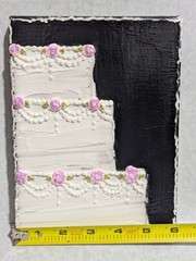 Original Acrylic on Canvas, 6″x 8″, White Cake w/ Pink Roses, Black Background