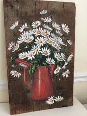 shabby chic painting of daisy’s in red pitcher on stressed wood-signed-see photo