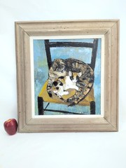 VTG Cat Painting Signed Leslie Randall Oil On Board Mid Century CT Artist 25×24