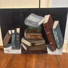 Original Painting Oil On Canvas Board Books Library Reading Still Life