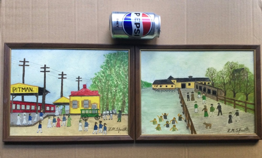 2 Primitive Paintings by L M Spaeth of Pitman New Jersey & Alcyon Park Boardwalk