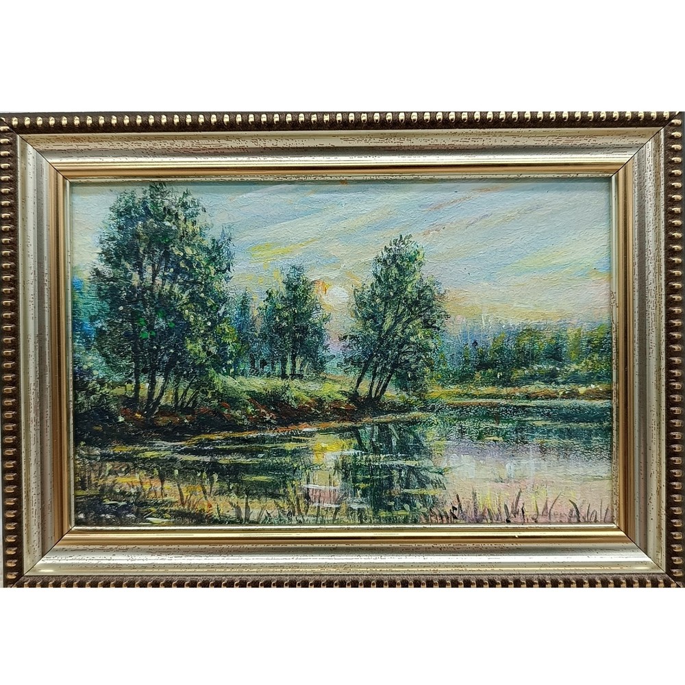 Original Oil Painting Forest Landscape with River 4×6 Signed Framed