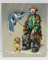 Clown Painting Rusty Rust EMMETT KELLY Oil Canvas 1983 1/250 24″ x 20″ Raining